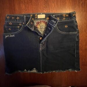 MOTHER Dark Blue Jean Embroidered Mini Skirt